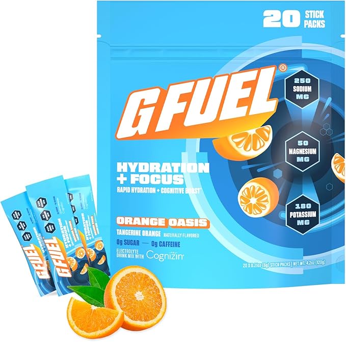 G Fuel Electrolytes Powder for Instant Hydration and Focus | Sugar Free, Orange Oasis Flavor, Electrolyte and Nootropic Drink Mix to Sharpen Mental Focus, 20 Servings