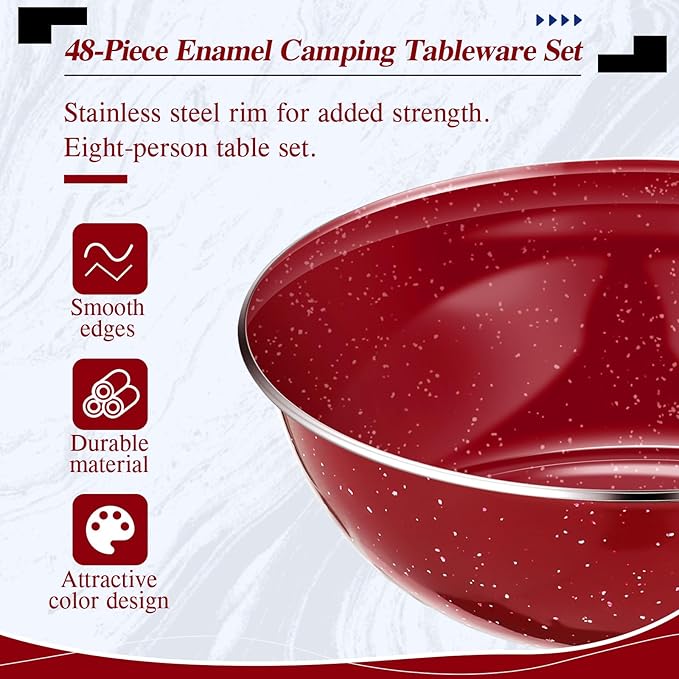 Nuogo 48 Pcs Enamel Camping Tableware Includes 12 oz Coffee Mugs 10.5 Inch Camping Plates 6 Inch Bowls and Utensils Set Includes Knife Fork Spoon for Outdoor RV(Red)