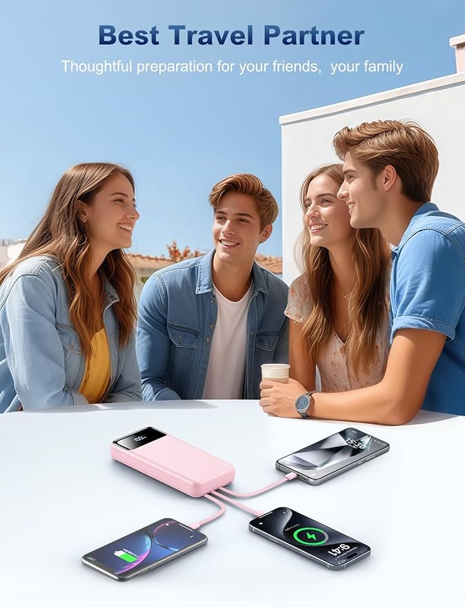 Portable Charger Power Bank 50000mAh Battery Pack, 22.5W Fast Charging PowerBank with Built in Cables,Travel Essential USB-C Portable Phone Charger for iPhone Samsung Pixel Android iPad-Pink