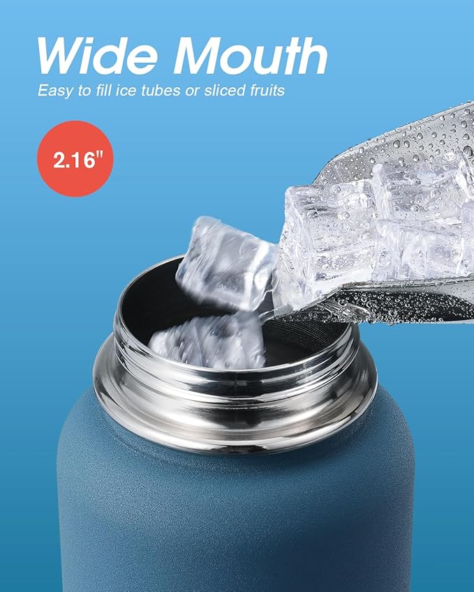 Water Bottle 40 oz Insulated with Straw, Coolflask Stainless Steel Metal 3 Lids Water Flask for Sports or Office, Keep Cold 48H Hot 24H, Samurai Cyan