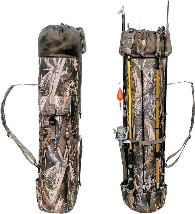 Allnice Durable Canvas Fishing Rod & Reel Organizer Bag Travel Carry Case Bag- Holds 5 Poles & Tackle