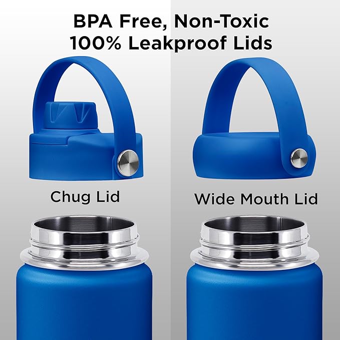 ThermoProof Double-Walled Vacuum Insulated Stainless Steel Water Bottle - Wide Mouth with Chug & Spout Lids, Dishwasher Safe, Reusable, Leakproof, Hot & Cold for Men, Women & Kids - 22 oz, Blue