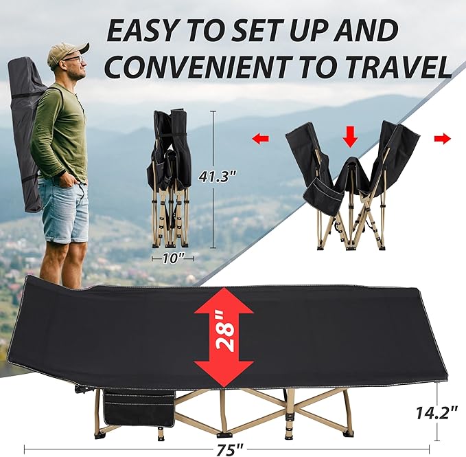Folding Camping Cot for Sleeping, Portable Cots for Adults, Heavy Duty Cot Bed 550LBS(Max Load), Extra Wider Cots with Large Pocket for Outdoor, Office, Beach