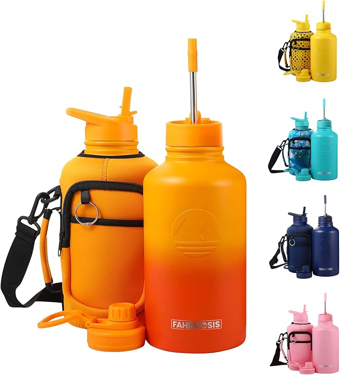 64 Oz Insulated Water Bottle with Strap Stainless Steel Sports Water Bottle with 3 Lids (Straw, Chug and Flip Lid) Leak Proof Metal Half Gallon Jug for Men & Women - Orange Fusion