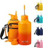 64 Oz Insulated Water Bottle with Strap Stainless Steel Sports Water Bottle with 3 Lids (Straw, Chug and Flip Lid) Leak Proof Metal Half Gallon Jug for Men & Women - Orange Fusion