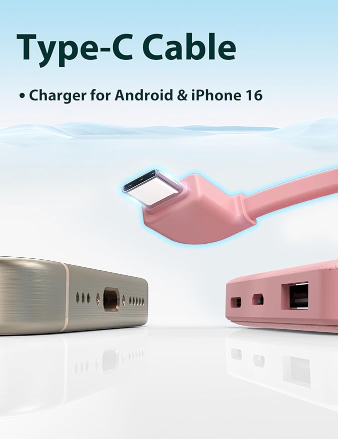 6000mah Ultra Slim Built in Cables Power Bank, Card Size Built in USB C Cords Battery Pack Portable Charger for Phones, 3 Output External Battery Pack Compatible with iPhone, 2-Pack Black & Pink