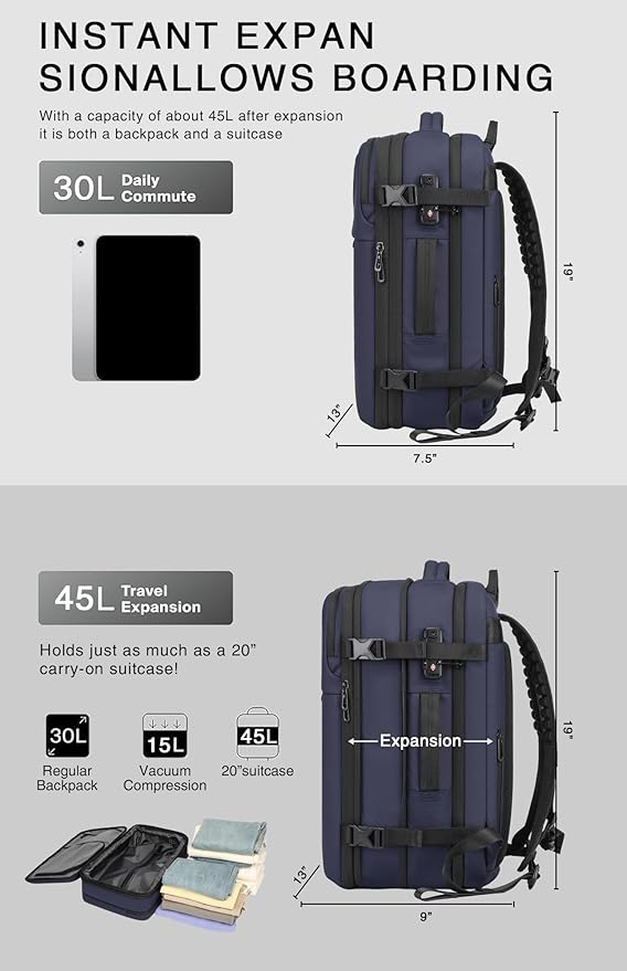 Vacuum Seal Travel Backpack 45L with Pump - Expandable Air Compression System, Water-Resistant Business TSA Lock, Laptop Backpack, Carry-On Suitcase Luggage, Gifts for Men