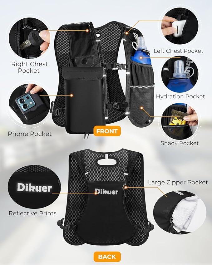 Running Vest for Women Men, Lightweight Hydration Runner Vest with Transparent Waterproof Phone Pocket, 17oz Soft Flask, Adjustable Chest Straps Reflective Backpack for Hiking Cycling Jogging