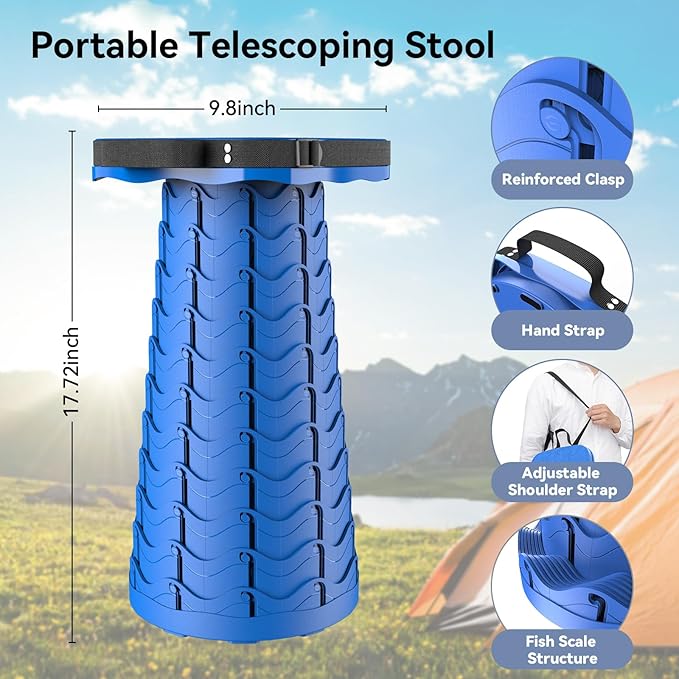 2025 Upgraded Collapsible Stool, Portable Folding Stool, Telescoping Camping Stool with Max Load Capacity 485lbs, Square Retractable Seat for Camping Gardening Fishing Hiking BBQ [Blue]