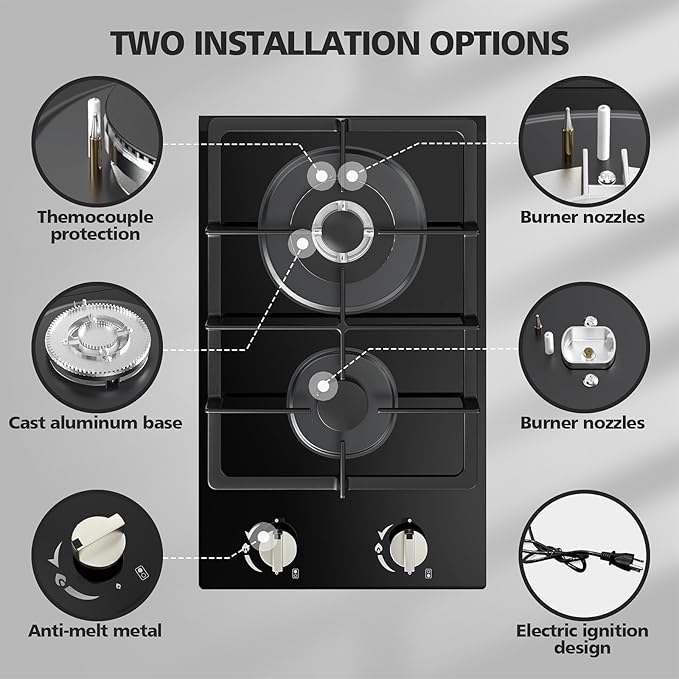 Gas Stove 2 Burner Propane Cooktop 12 inch, Nafewin Tempered Glass Portable Gas Cooktop Stove Burner with Thermocouple Protection, Lpg/Ng Dual Fuel Built-in Hob for Apartments, Outdoor, Rvs