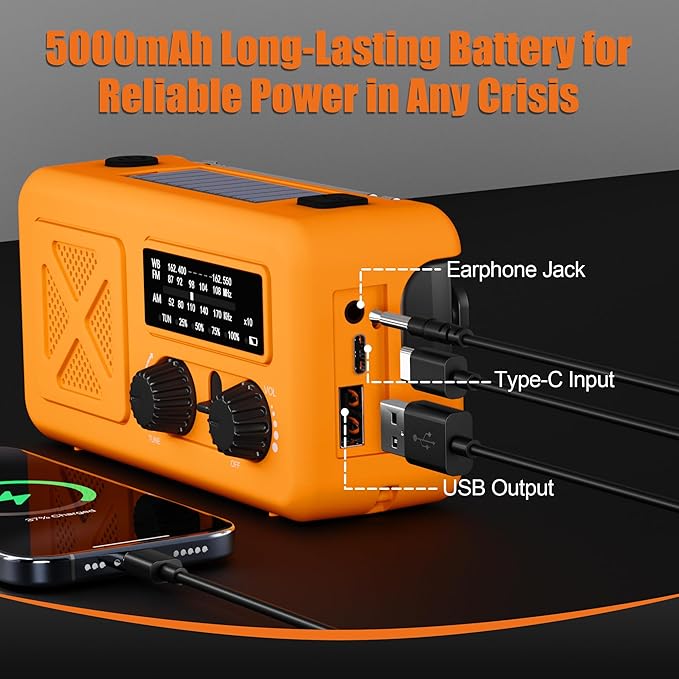 Emergency Radio Hand Crank Solar, 5000mAh/18500mWh Emergency Weather Radio, Hand Crank Solar Radios with NOAA/AM/FM, Cell Phone Charger, Headphone Jack, Flashlight for Indoor Outdoor