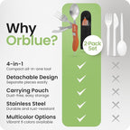 Orblue 4-in-1 Camping Eating Utensils, 2-Pack - Portable Spoon, Fork, Knife & Bottle Opener Combo Set - Stainless Steel Flatware with Detachable Fork - Travel, Backpacking Cutlery Multitool, Orange