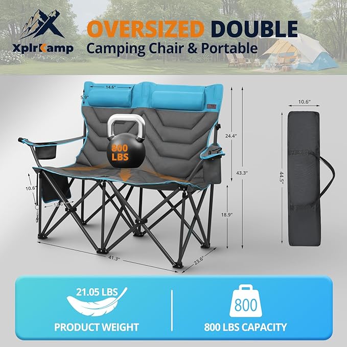 Oversized High-Back Camping Chairs with Pillow, Dual Cup Holders & Cooler Bag - Heavy Duty Foldable Outdoor Chair for Adults4PC (1, BLUEGREY-3PC -Set)