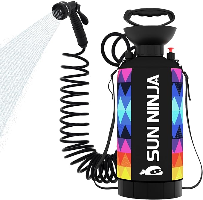 SUN NINJA Portable Shower, Camping Shower with 7 Mode Shower Head, Neoprene Cover Helps Keep Water Warm, High Pressure Hose, Easy to Carry