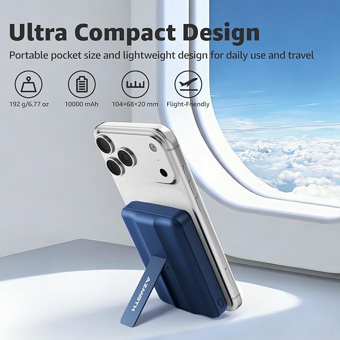 Azmuth Magnetic Wireless Power Bank 10000mAh, 15W Portable Charger Compatible with MagSafe for iPhone 17/16/15/14/13/12 Series Built-in Stand LED Display 20W PD USB-C 22.5W USB-A Blue