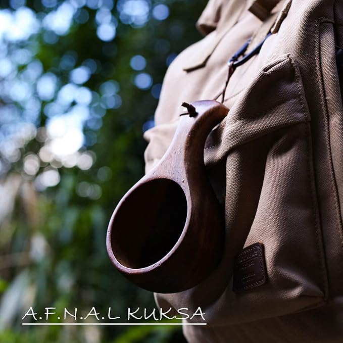 Kuksa Camping Mug Wooden Bushcraft Handcarved Cup, Nordic Style Coffee & Hiking Kuksa, Walnut Wood, Single Hole, 6.7 oz., 6.3" x 3.8" x 2.4"