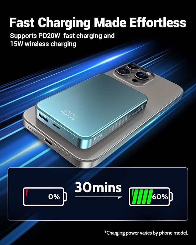 for Magsafe Portable Charger, Aluminum Alloy Small 10000mAh 20W PD Magnetic Power Bank, USB-C in&Out Wireless Battery Pack Phone Charger for iPhone 17/16/15/14/13/12 Plus Pro Max Series -Blue
