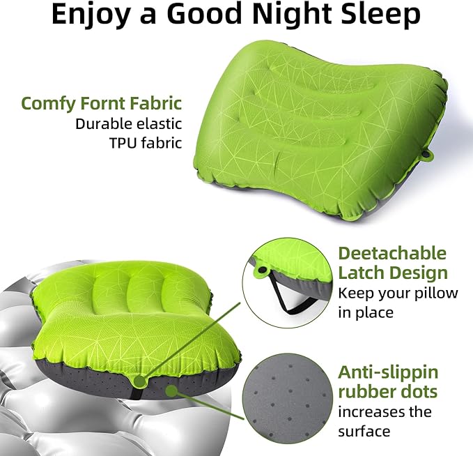 Camping Pillow - Inflatable Pillow - Travel Pillows for Backpacking & Airplane, Lumbar Support 2.0 Blow Up Pillow, Ultralight Compressible, Comfortable, Ergonomic Pillows (Light Green)