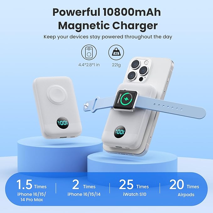 Magnetic Portable Charger for iPhone, 10800mAh 4-in-1 Wireless Power Bank with iWatch Charger, 25W PD Fast Charging Battery Pack for Magsafe, iPhone 16/15/14/13/12 Series, Apple Watch (B-White)