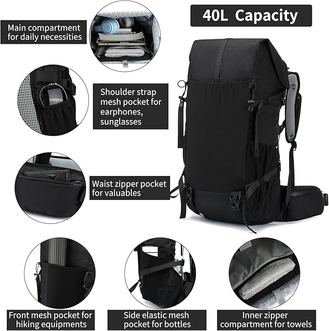 Hiking Backpack,30L +10L Extra Large Capacity Hiking Bag,Internal Frame Camping Backpack,Upgraded X-PAC Lightweight Sport Daypack Travel Backpacks Fit For Mountain Climbing Camping (Black)