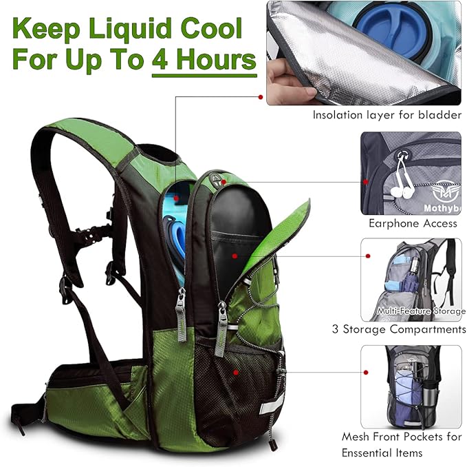 Insulated Hydration Backpack Pack with 3L BPA Free Leak Proof Water Bladder, Large Storage Lightweight Hiking Daypack with Waist Pouches & Cooler Layer, for Running, Biking, Camping, Festival