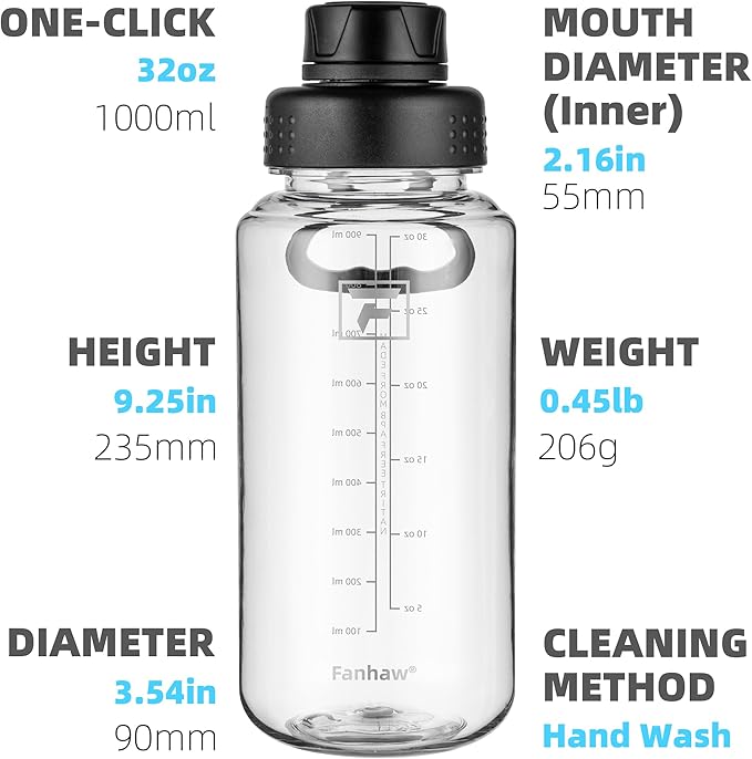 Fanhaw 32 oz Clear Water Bottle with Fast-Flow Spout Lid, BPA-Free Tritan, Wide Mouth, Leakproof, Reusable Bottle for Gym, School, Office, Travel (Clear&Black)