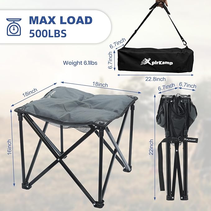 Padded Camping Stool, 18 Inch Oversized Camping Foot Rest, 500lb Outdoor Folding Camp Chair Portable Camping Ottoman for Camping Gardening w/Storage Net, Carry Bag (1, DarkGreen)