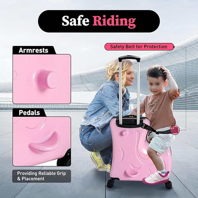 20" Ride-On Travel Suitcase for Kids, Toddler Carry on Luggage with Wheels, Children Travel Rolling Trolly Luggage with Password Lock, Children's Ride On (Pink)