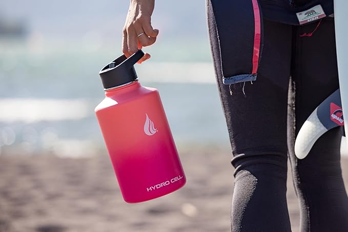 HYDRO CELL Stainless Steel Insulated Water Bottle with Straw - For Cold & Hot Drinks - Metal Vacuum Flask with Screw Cap and Modern Leakproof Sport Thermos for Adults (Coral/Punch 64oz)