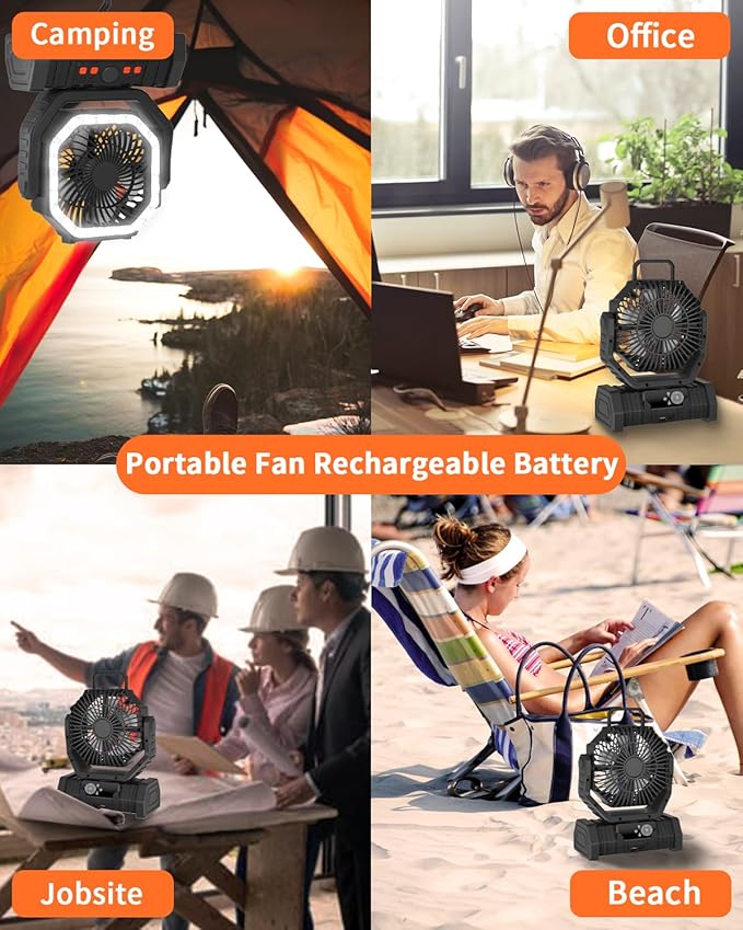 ADUST Portable Camping Fan Battery Powered Operated with LED Light 20000mAh Rechargeable Oscillating Fan with 360° Rotation Hanging Hook for Tents, USB Desk Fan for Bedroom, Office (Black)