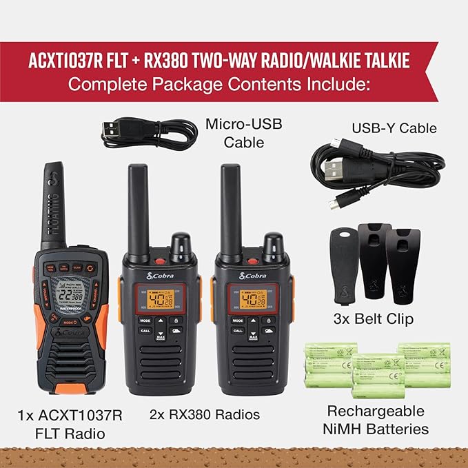 Bundle of Cobra RX380 Walkie Talkies (2-Pack) + Cobra ACXT1037R FLT Walkie Talkie (1-Pack)
