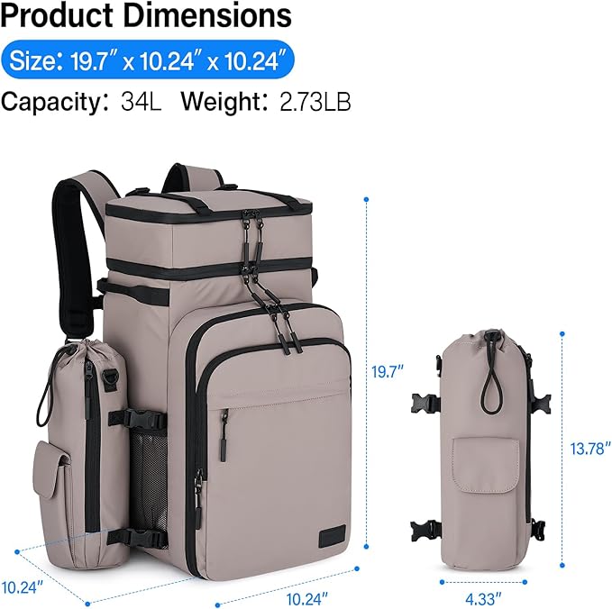 Backpack Cooler, 40 Cans Soft Leak Proof Picnic Backpack, Hanke Portable 2 Insulated Compartments Cooler Backpack Water Resistant for Lunch Beach Travel Camping Picnic Hiking (Grey)