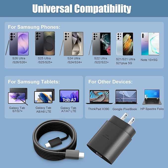 Type C Charger, 25W USB C Wall Charger Super Fast Charging & 6.6FT USB C to C Charger Cable for Samsung Galaxy S26/S25/S24/S24Ultra/S24+/S23/S23Ultra/S23+/S22/S22Ultra/S22+/S21/S21Ultra/S20/Note 20