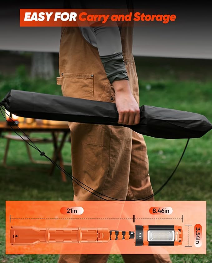 Saker Portable Camping Light with Stand 73.2" Rechargeable Work Light 800/3200 Lumen 4000/6500K Dimmable Emergency Flashlight for Garage, Outdoor Work, Power Outages, Fishing LD10 Orange