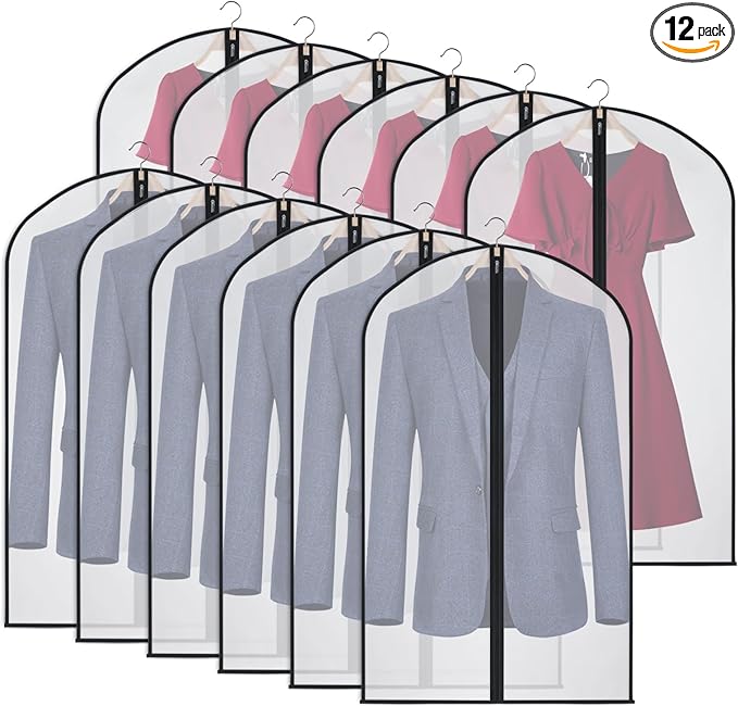 Garment Bags Clear Suit Bag for Closet Storage Hanging Clothes Dress Cover Bags (40" 12pcs-Black Edges)