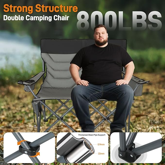 Double High-Back Camping Loveseat with Pillows, Dual Cup Holders & Cooler Bags - Oversized 2 Person Heavy Duty Folding Chair for Adults, 800LBS Capacity, Outdoor, Picnic, Lawn (1, BlackGrey)