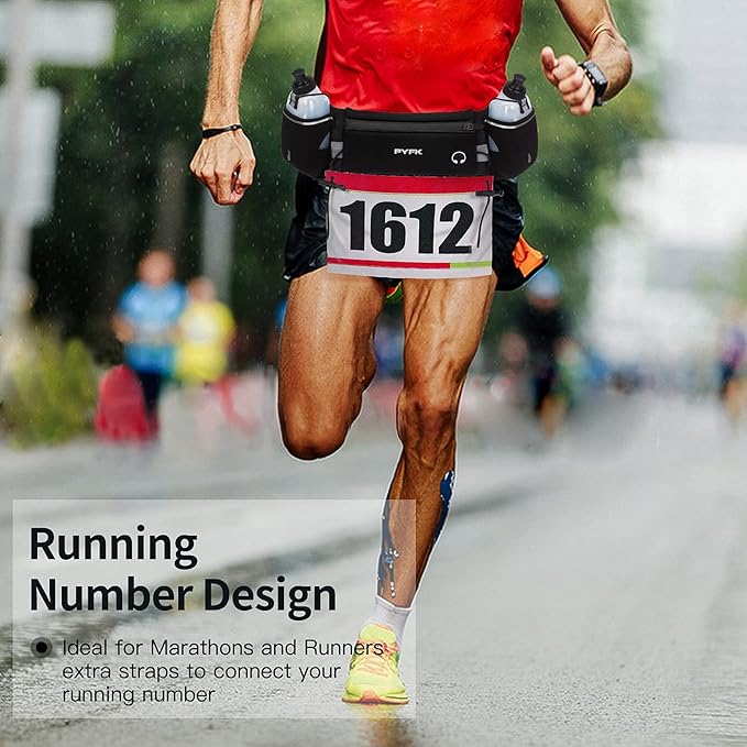 PYFK Upgraded Running Belt with Water Bottles, Hydration Belt for Men and Women, Water Bottle Holder Running Pouch Belt, Fanny Pack Fits 7 inches Phones, Waist pack for Running Hiking Climbing