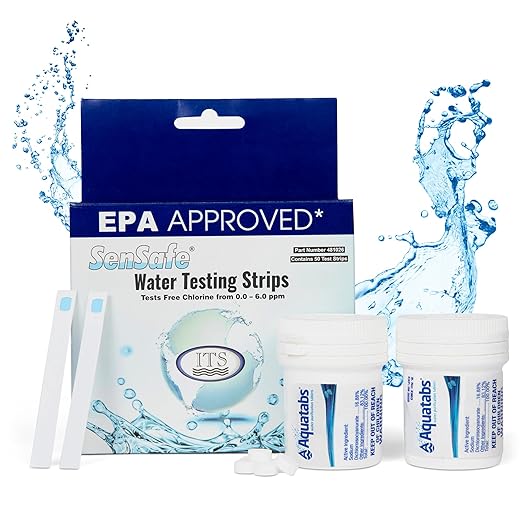 Drinking Water Essentials Kit - 200 Aquatabs Water Purification Tablets + 50 Chlorine Test Strips - for Boat and RV Tanks - by Aquamarine Water Solutions