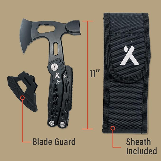 Axe Multitool Hammer - With Knife, Bottle Opener, Hatchet, Nylon Sheath, Saw, Screwdriver, Whistle - Tactical For Camping, Survival, Hiking, Portable and Lightweight - Black