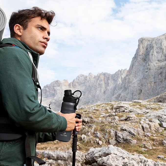 Stainless Steel Sports Water Bottle with Straw Lid Dustproof, 3 Lids, 24/32/40/64 oz BPA Free Vacumm Insulated Water bottle, Leakproof and Sweat Free, Perfect for The Go - 24 Oz Grey