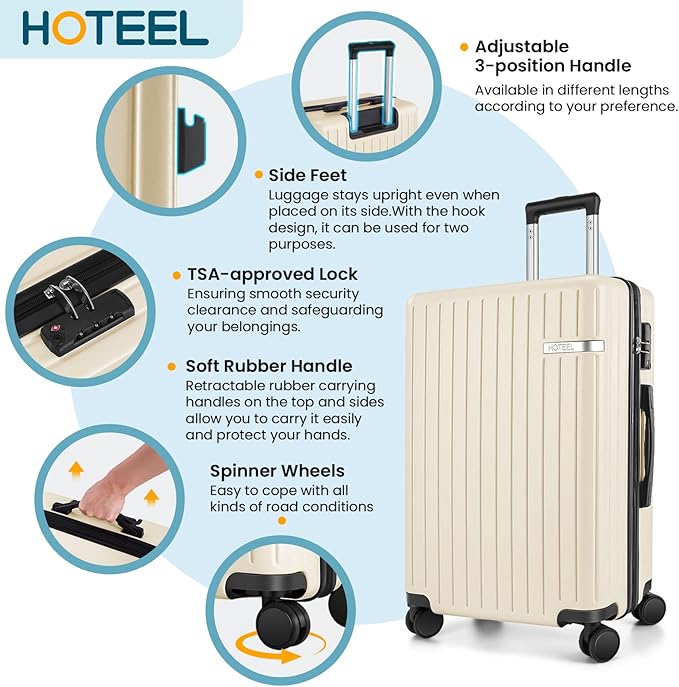 Hoteel 5 Piece Luggage Set (4-YEAR WARRANTY) ABS+PC Hardshell Carry on Suitcase with Spinner Wheels & TSA Lock for Men and Women, Rolling Suit Case for Plane, Travel, Business, Beige (20/24/28/DB/TB)