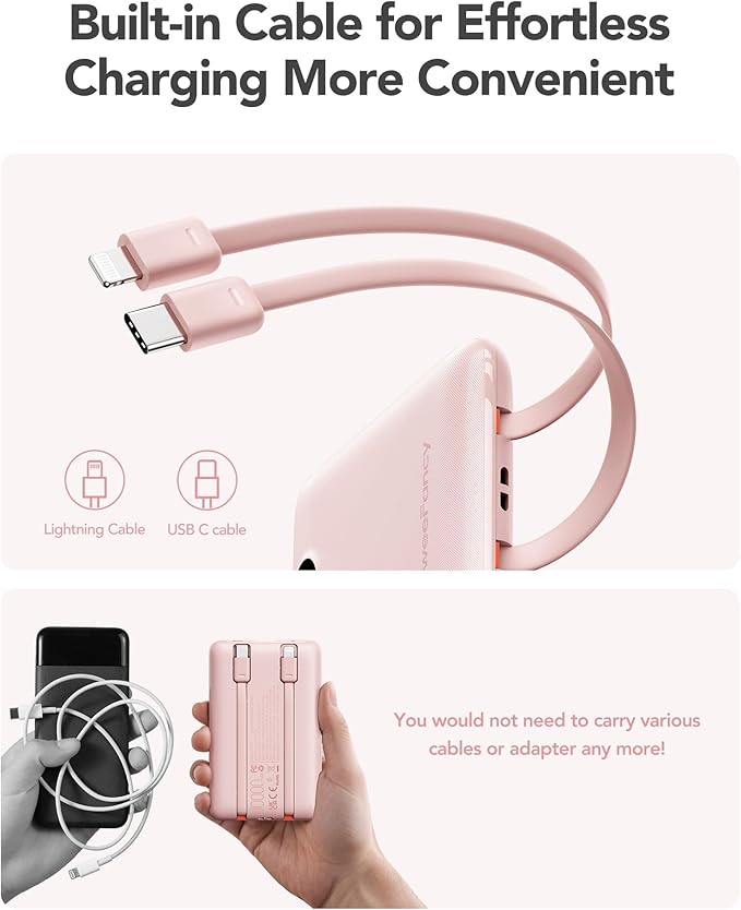 Mini Portable Charger with Built-in Cables 22.5W Fast Charging Power Bank USB-C Small Battery Pack 10000mAh Travel Essential Slim Battery for iPhone 17/16/15/14, Samsung 25/24, and More
