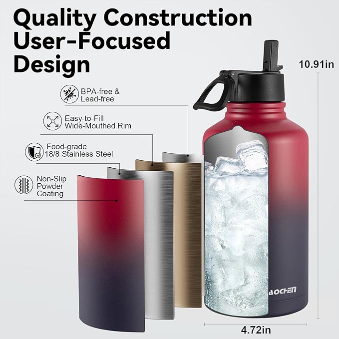 KXIAOCHEN Insulated Water Bottle, Stainless Steel Water Bottle, 2 Lids (Straw and Handle Lid),Wide Mouth Metal Water Bottles Keep Hot and Cold, Double Walled, Thermo Mug, Metal Canteen