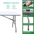 Foldable Table, Plastic 6FT Folding Table, Indoor Outdoor Portable Utility Table with Handle for Party, Camping and Picnic, White
