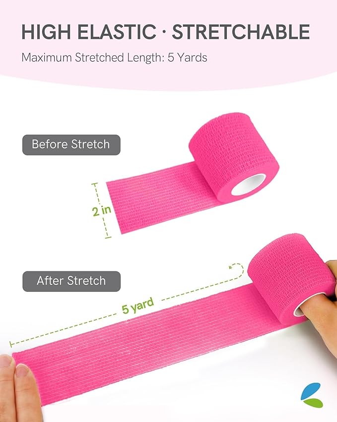 FriCARE Self Adhesive Bandage Wrap, Medical Tape in First Aid Kit, Cohesive Bandages for Wounds Sport Vet, 2 Inches X 5 Yards 6 Rolls, Pink