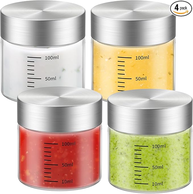 4 Oz Glass Bottles, 4 Pack Glass Jar with Lid, BPA Free, Borosilicate Glass, Stainless Steel Lids for Juicing, Smoothies, Infused Water, Beverage Storage