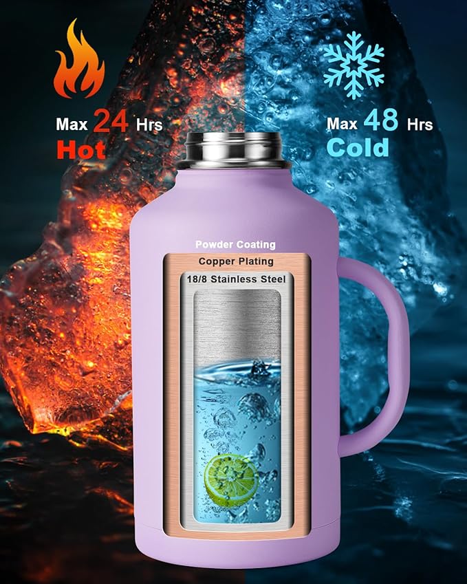 64 oz Water Bottle Insulated with Handle and Carry Pouch, Half Gallon Stainless Steel Water Bottles Mug with Straw Lid Spout Lid,Reusable Metal Tumbler Jug Flask Cup,Keep Cold & Hot,Purple