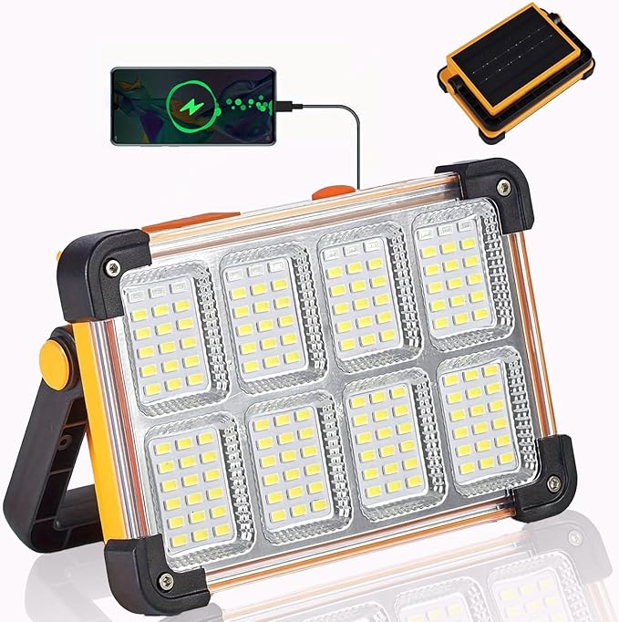 120W LED Solar Work Light, 144 LED 10000LM Portable Flood Light with Stand, 4 Modes Rechargeable, IP65 Waterproof Outdoor Working Light for Camping, Fishing, Car Repair & Mechanics (1)