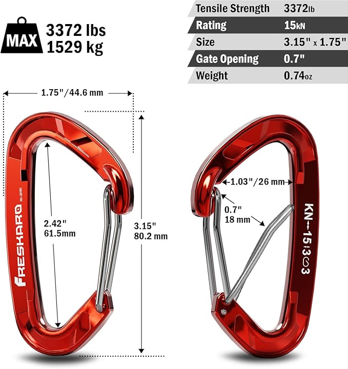 FresKaro 15kN-3372lbs Heavy Duty Wiregate Carabiners, Reliable Time-Tested Stainless Steel Spring Gate, for Camping, Hiking, Hammocks, Backpacking, Dog Leash etc., 3.15inch