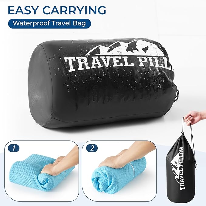 Travel Pillow Memory Foam Pillows, Ergonomic Wave Cervical Neck Pillow for Neck Pain Relief, Compressible Medium Firm Side Sleeper Pillow, Ideal for Camping, Office, Home & Bed (Light Blue, M)